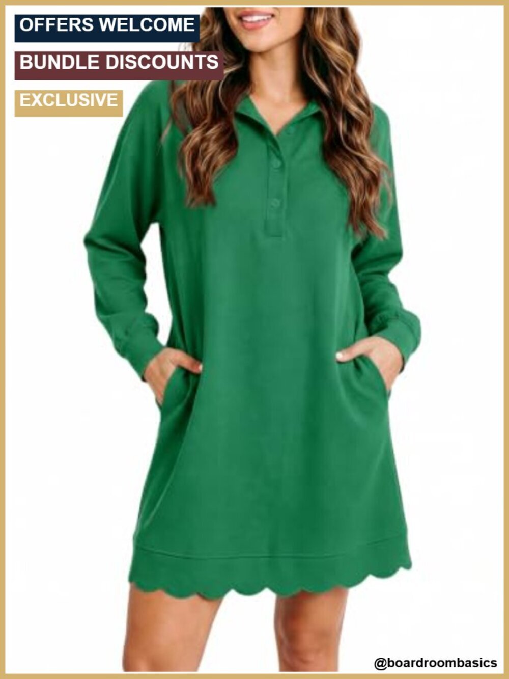 Womens Long Sleeve V Neck Athletic Mini Dress Polka Dot Scalloped Hem